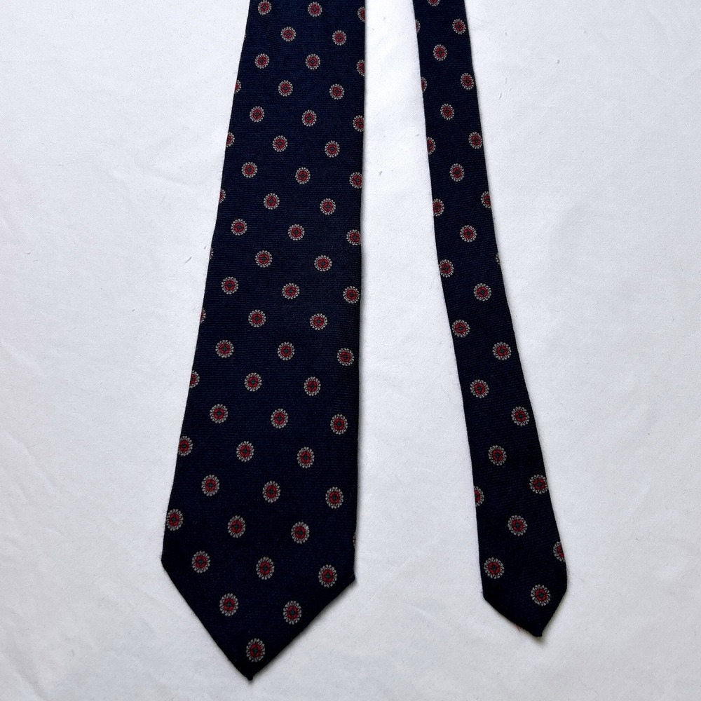 Kenneth Gordon Vintage Mens Wool Silk Medallion Geometric Necktie Navy Blue